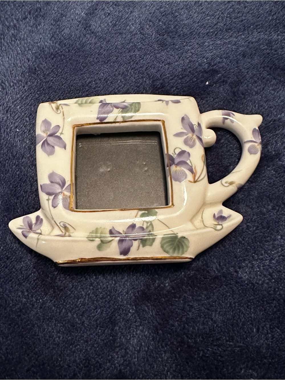 Ceramic Teacup Photo Frame with Purple Floral Accents